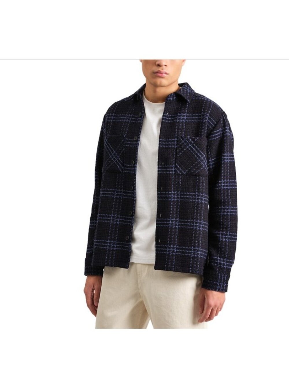 Wax London Whiting Overshirt Men Size M Blue Plaid Textured Cotton Blend Pockets